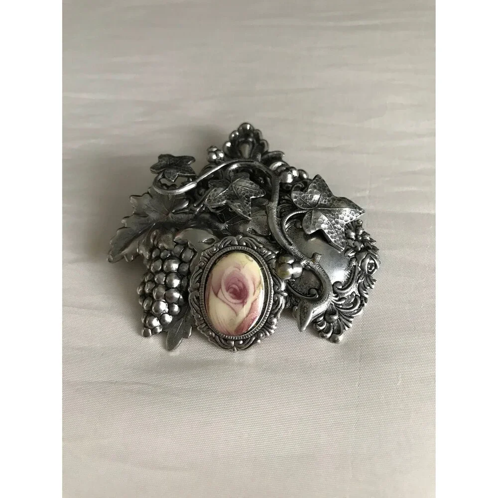 Vintage Silver tone 3D Rose Brooch Pendant